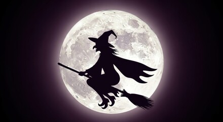 Silhouette of a witch flying on a broomstick against a bright full moon on a dark night sky