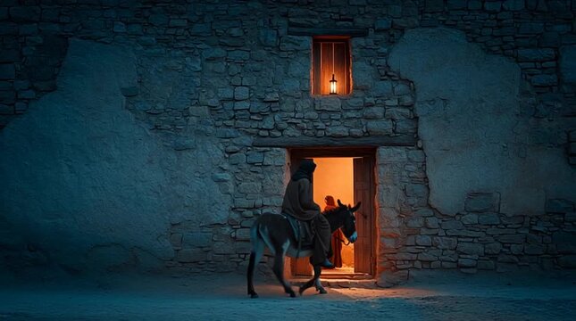 Cinematic twilight scene in ancient Bethlehem: Joseph pleads with an innkeeper, Mary waits on a donkey in cold evening light. Warm inn glow contrasts with the family&rsquo;s exclusion, evoking faith and per