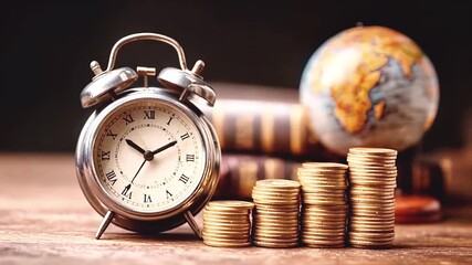 Vintage Alarm Clock, Gold Coins, Globe: Time is Money Investment Concept - Powered by Adobe