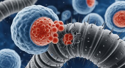 Microscopic view of aggressive cancer cells attacking healthy tissue showing cellular invasion and growth