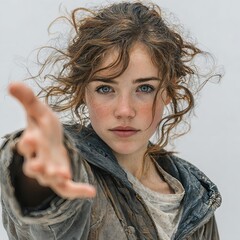 Young woman reaching forward with intense emotional gaze