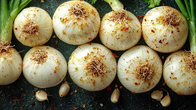 Row of small white onions with chili flakes, green onions, garlic on dark background