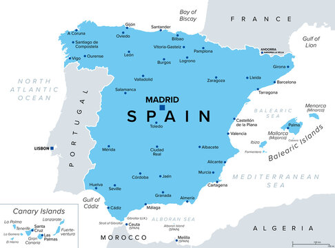 Spain, political map, with capital Madrid, the Balearic Islands, Canary Islands, and largest cities. Kingdom of Spain, a country in Southern and Western Europe with territories in North Africa. Vector