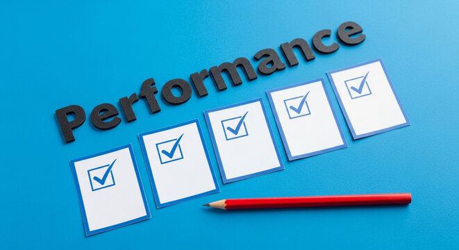Performance review with checkmarks and pencil on blue background