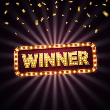 Bright illuminated winner sign with golden confetti and spotlight effect