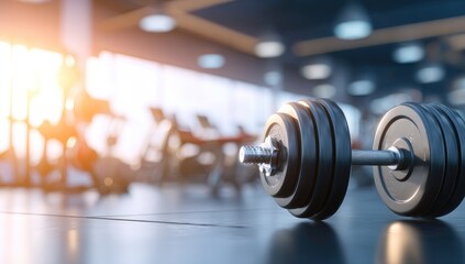 Dumbbell in focus, gym background blurred; bright light and fitness equipment present