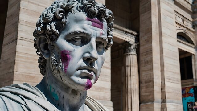 A Roman bust with spray paint across its face, blending classical art with street style 3
