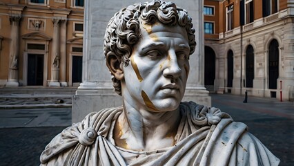 A Roman bust with spray paint across its face, blending classical art with street style