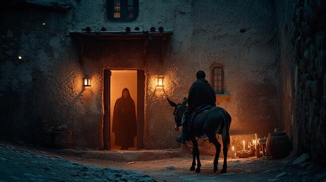 Cinematic twilight scene in ancient Bethlehem: Joseph pleads with an innkeeper, Mary waits on a donkey in cold evening light. Warm inn glow contrasts with the family&rsquo;s exclusion, evoking faith and per