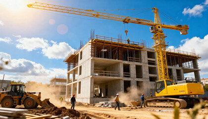 Construction site with workers and equipment under bright sunlight.