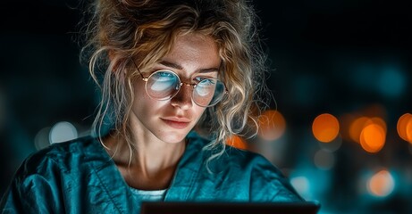 Female scientist monitors quantum computer with tablet, analyzing data flow, compute power, and hardware stability in a futuristic tech office.