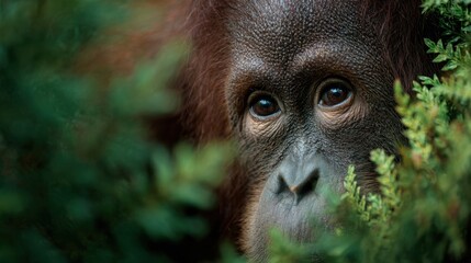 Close-up of an orangutan peeking through the foliage, its expressive eyes conveying curiosity and wonder. 