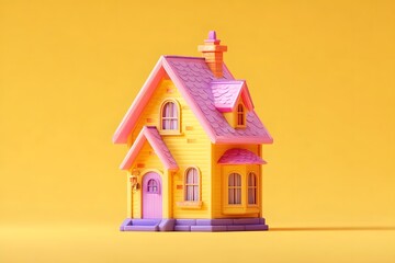 Colorful, pink-roofed, yellow, house, against, bright, yellow, background.