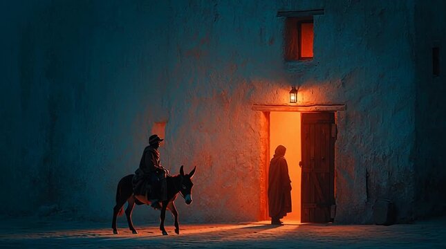 Cinematic twilight scene in ancient Bethlehem: Joseph pleads with an innkeeper, Mary waits on a donkey in cold evening light. Warm inn glow contrasts with the family&rsquo;s exclusion, evoking faith and per