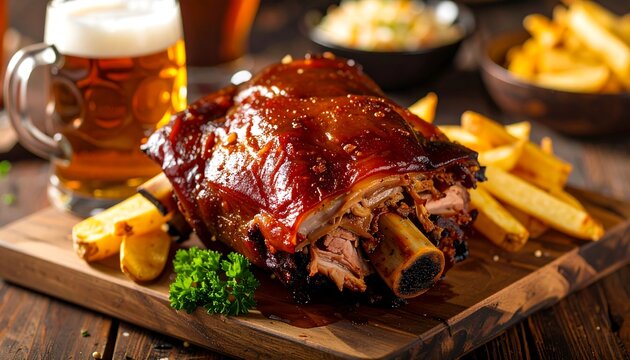 Appetizing close-up shot of roasted pork knuckle with sides