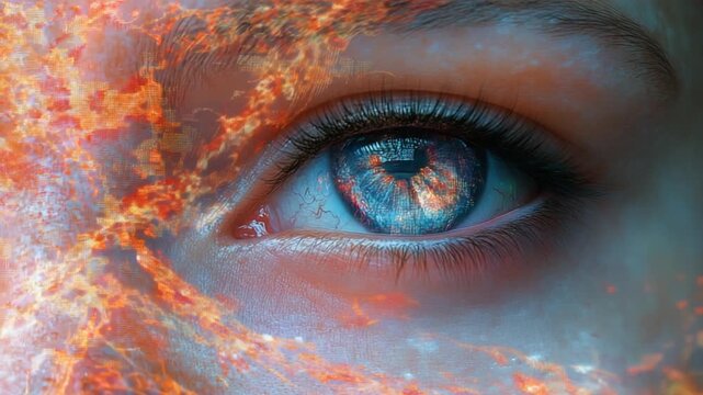 Macro View of a Womans Blue Eye with Abstract Fiery Energy.