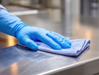 Fototapeta premium Person cleaning stainless steel surface with blue glove