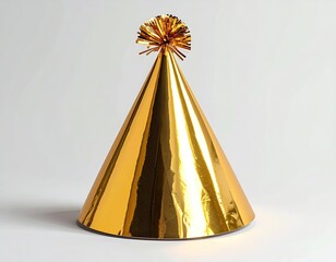 Gold party hat; pointy cone shape with tinsel pompom