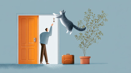 Man reaching for a key while a playful cat jumps in front of an open door with a potted plant nearby