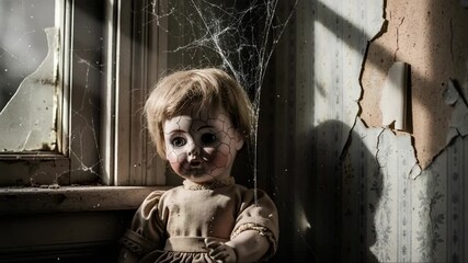 Creepy vintage doll with a cracked face in an abandoned house. Spooky haunted toy in a dark room. Horror and Halloween concept. - Powered by Adobe