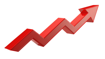 Red arrow pointing upwards isolated on transparent background indicates growth