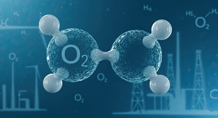 Stunning 3D oxygen molecule visualization with intricate network design, symbolizing scientific innovation and industrial processes in a modern, clean aesthetic