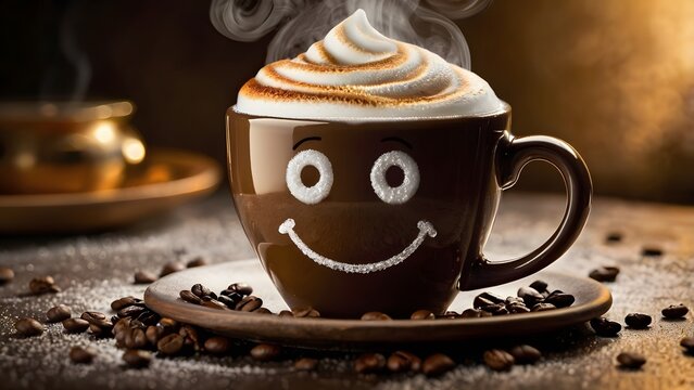 A steaming cup of coffee with a smiling face drawn in the foam, eyes sparkling