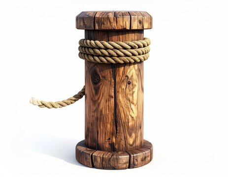 Wood post tied with rope isolated on white background