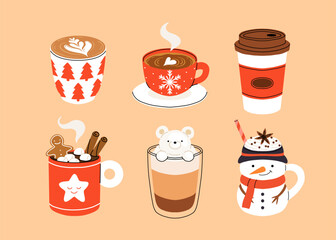 Christmas and Happy New Year set of drinks. Mugs and cups of hot coffee, punch, cacao with whipped cream, marshmallow and candy cane. Greeting card for Xmas, New year or winter holidays design.