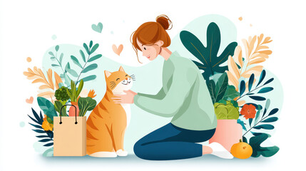 Young woman interacting with her orange cat surrounded by plants and a shopping bag full of healthy groceries