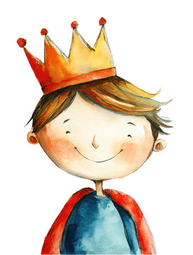 
Cute king with crown, simple watercolor illustration clipart, white background