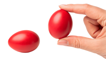 Hand holding red egg isolated on transparent background with another egg