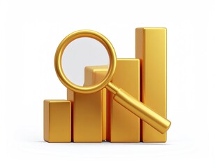 Gold bar graph with magnifying glass on white background