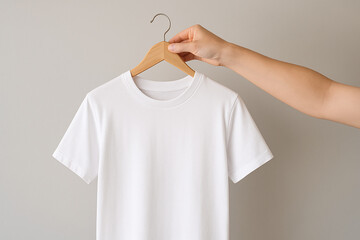 Plain white t-shirt hanging on a wooden hanger, held by a person's hand against a plain background