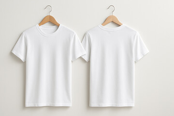 Blank white short-sleeve t-shirts displayed on hangers against a plain backdrop, showcasing their minimalist design