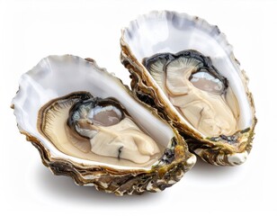 Naklejka premium Two fresh oysters, open shells, pearly inside, edible