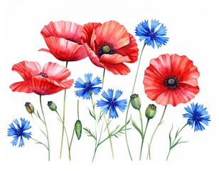 Obraz premium Bright watercolor poppy and cornflower floral illustration