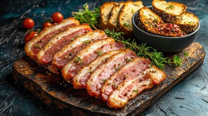 Succulent sliced pork belly, seasoned, served with toasted bread and cherry tomatoes