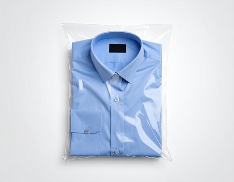 Blue shirt, folded, packaged in clear plastic