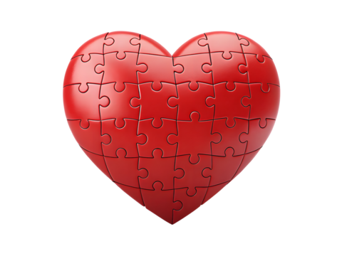 Red heart made of puzzle pieces isolated on transparent background