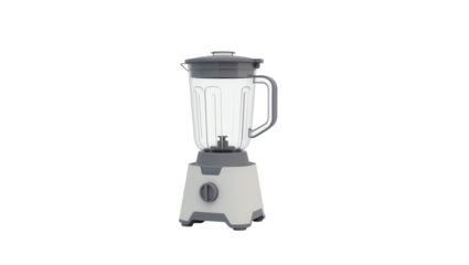 This image features a modern electric blender with a clear glass jar and gray accents, isolated against a solid black background.