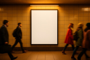 Blank billboard in subway station with people walking past