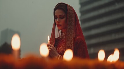 Woman in traditional attire lights candles, evoking a sense of spiritual reflection 