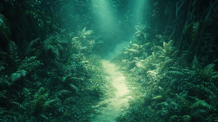Sunlit jungle path winds through dense, lush tropical forest with atmospheric light rays