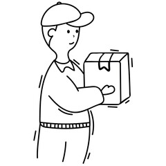 young man, courier holding a parcel, delivery, mail, black and white vector isolated element, hand-drawn vector isolated element, hand-drawn