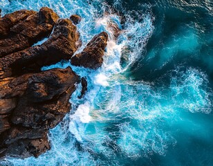 Ocean's Fury: Aerial View of Waves Crashing Against Rocky Shoreline, a Dance of Nature's Power and Coastal Beauty