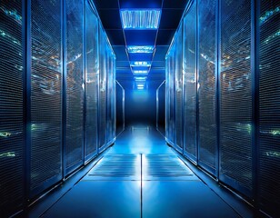 Server Room Glow: Data Center Hallway with Rows of Servers and Blue Lighting Effect, High-Tech IT Infrastructure.