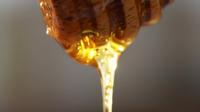 Golden honey dripping from wooden dipper macro shot