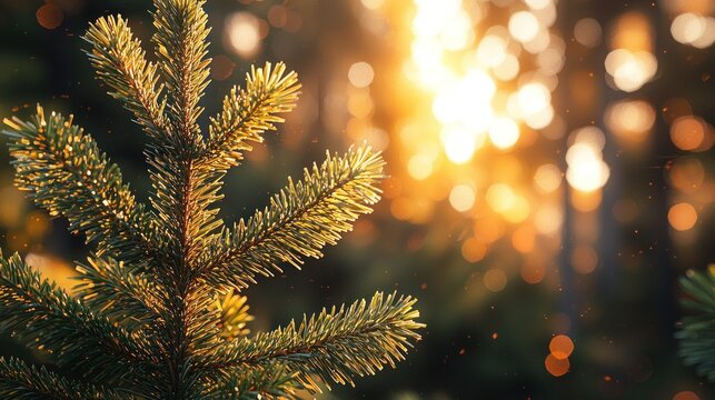Sunlit pine branch against a warm, blurry forest background with golden bokeh