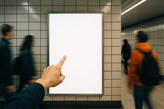 Hand pointing at a blank advertisement billboard in a subway station with blurred commuters walking past